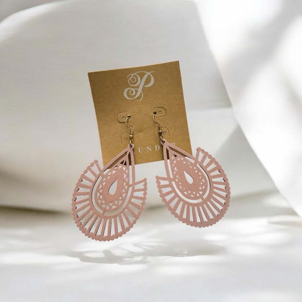 Pink Lavender Wooden Filigree Cutout Teardrop Dangle